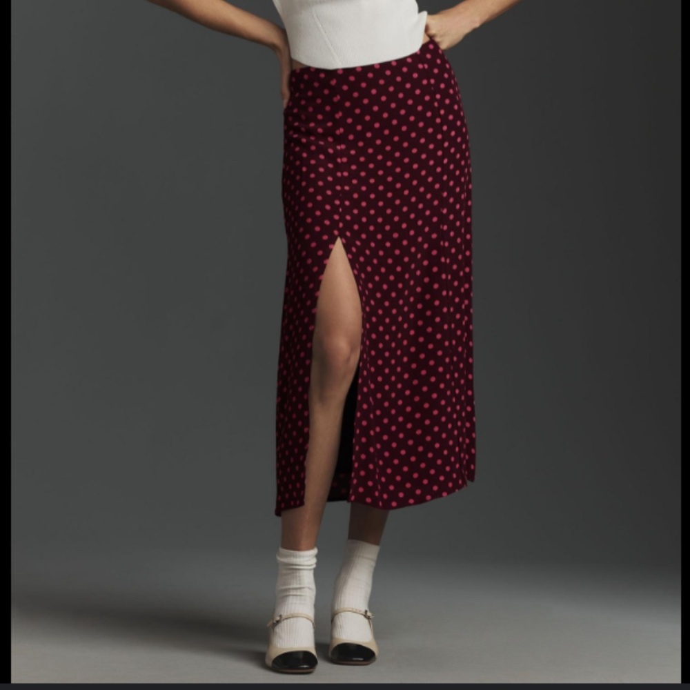 Anthropologie Maeve The Lille Side Slit ~Retro Summer ~Polka Dot Midi Skirt - Picture 3 of 7